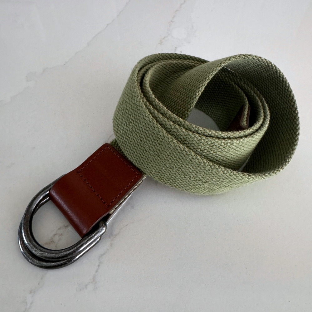 Lucky Brand D-Ring Canvas Belt Mens 36 Green Cotton Webbed Leather Trim NWOT